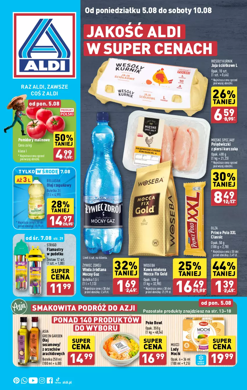 Gazetka promocyjna Aldi - Pełna oferta - ważna 05.08 do 10.08.2024 - strona 1 - produkty: Bell, Bella, Flamastry, Jaja, Kawa, Kawa mielona, Kurczak, LANA, Lody, Mięsne specjały, Mocca Fix Gold, Olej, Olej rzepakowy, Olej sezamowy, Pomidory, Prince Polo, Sezam, Smakowita, Woda, Woseba