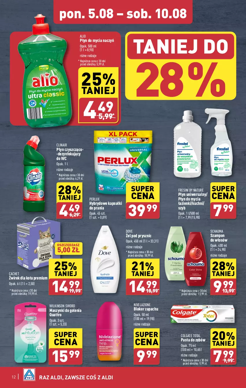 Gazetka promocyjna Aldi - Pełna oferta - ważna 05.08 do 10.08.2024 - strona 12 - produkty: Clin, Colgate, Colgate Total, Do mycia naczyń, Dove, Kapsułki do prania, LG, Nivelazione, Pasta do zębów, Płyn do mycia, Płyn do mycia naczyń, Schauma, Szampon, Wilkinson Sword