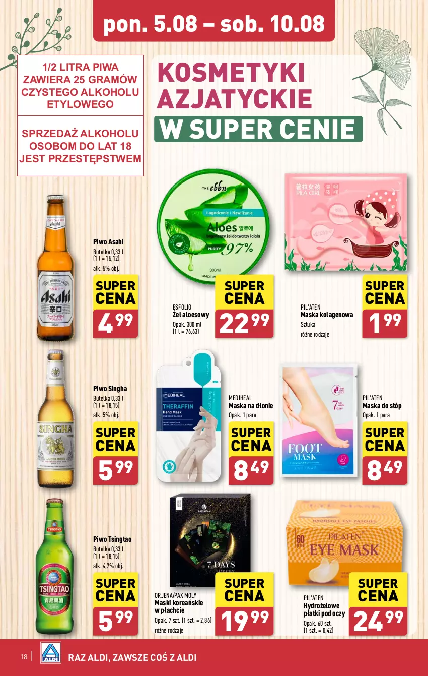 Gazetka promocyjna Aldi - Pełna oferta - ważna 05.08 do 10.08.2024 - strona 18 - produkty: Asahi, Gra, Hydrożelowe płatki pod oczy, Kolagen, Maska, Maska do stóp, Pax, Piwa, Piwo