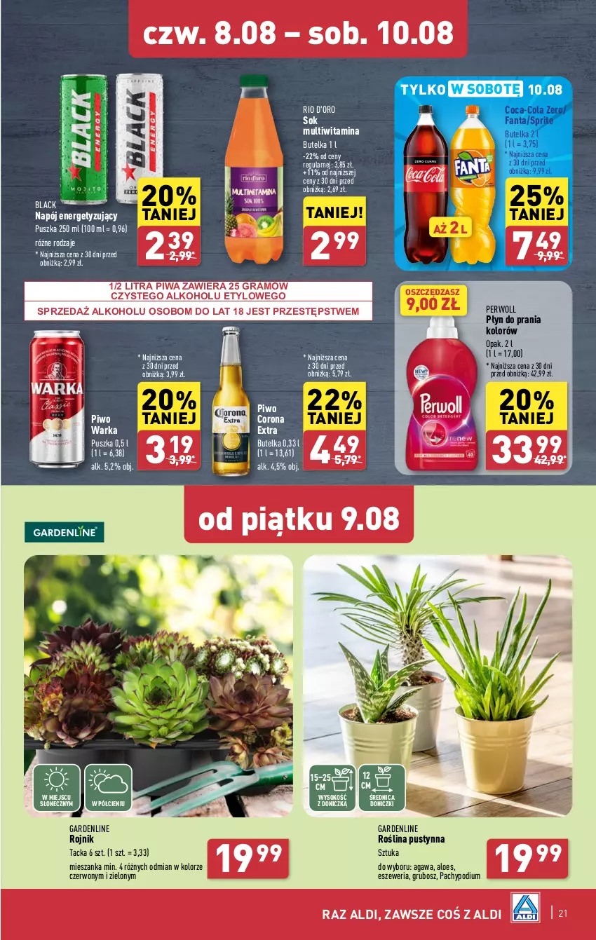 Gazetka promocyjna Aldi - Pełna oferta - ważna 05.08 do 10.08.2024 - strona 21 - produkty: Coca-Cola, Corona Extra, Fa, Fanta, Gra, Lack, Napój, Perwoll, Piwa, Piwo, Płyn do prania, Sok, Sprite, Warka