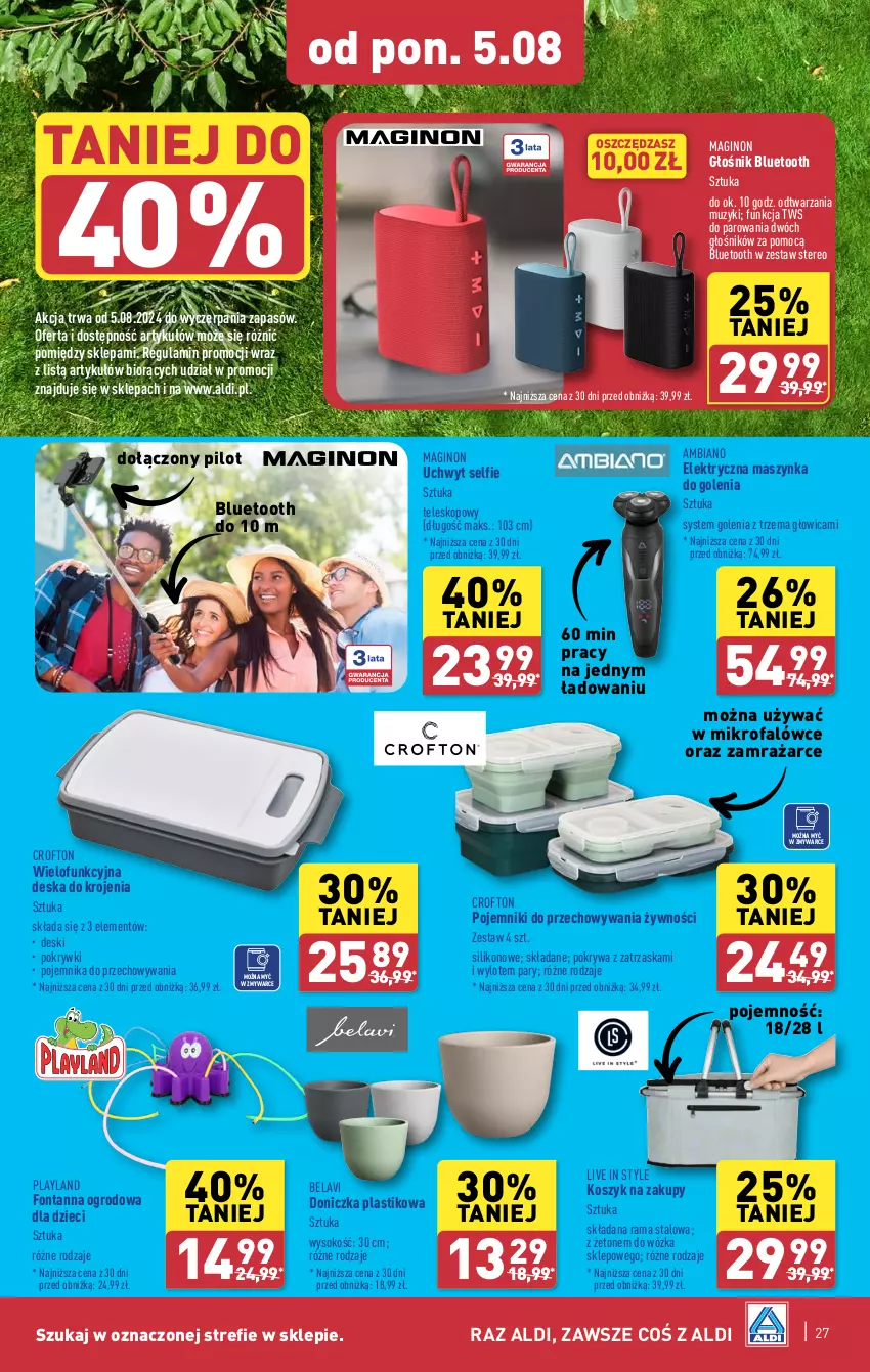 Gazetka promocyjna Aldi - Pełna oferta - ważna 05.08 do 10.08.2024 - strona 27 - produkty: Deska do krojenia, Dzieci, Fa, Gin, Głośnik, Głośnik bluetooth, Kosz, Maszynka, Maszynka do golenia, Pojemnik, Pokrywa, Rama, Sok, Szynka, Teleskop