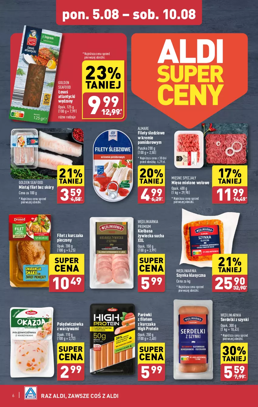 Gazetka promocyjna Aldi - Pełna oferta - ważna 05.08 do 10.08.2024 - strona 6 - produkty: Golden Seafood, Kiełbasa, Kurczak, Mięsne specjały, Mięso, Mięso mielone, Mintaj, Parówki, Piec, Ser, Serdelki, Szynka, Warzywa