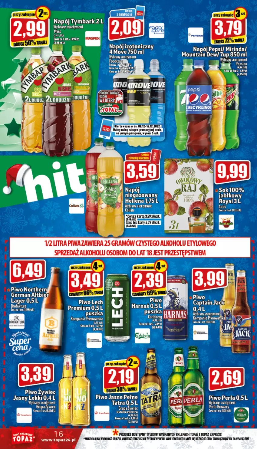 Gazetka promocyjna Topaz - Gazetka - ważna 08.12 do 14.12.2022 - strona 16 - produkty: 7up, Fa, Gra, Hellena, K2, LG, Mirinda, Napój, Napój izotoniczny, Pepsi, Perła, Piwa, Piwo, Piwo jasne, Sok, Tatra, Top, Tymbark