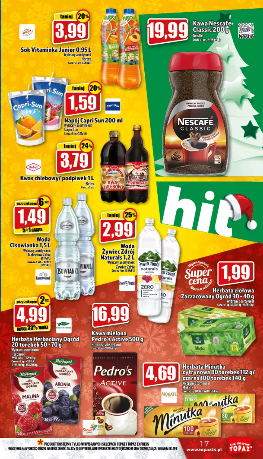 Gazetka promocyjna Topaz - Gazetka - ważna 08.12 do 14.12.2022 - strona 17 - produkty: Chleb, Cisowianka, Inka, Kawa, Kawa mielona, Napój, Ogród, Sok, Top, Woda