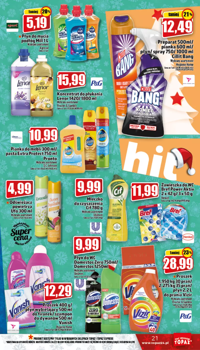 Gazetka promocyjna Topaz - Gazetka - ważna 08.12 do 14.12.2022 - strona 21 - produkty: Cillit Bang, Domestos, Dywan, Fa, Lenor, Mleczko, NBA, Płyn do mycia, Pronto, Szampon, Vanish, Vizir, Zawieszka do wc