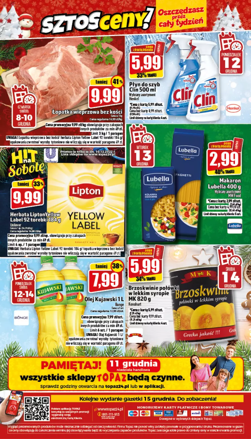 Gazetka promocyjna Topaz - Gazetka - ważna 08.12 do 14.12.2022 - strona 24 - produkty: Bell, Bella, Brzoskwinie, Clin, Eleo, Herbata, Kujawski, Lipton, Lubella, Makaron, Olej, Syrop, Top, Waga