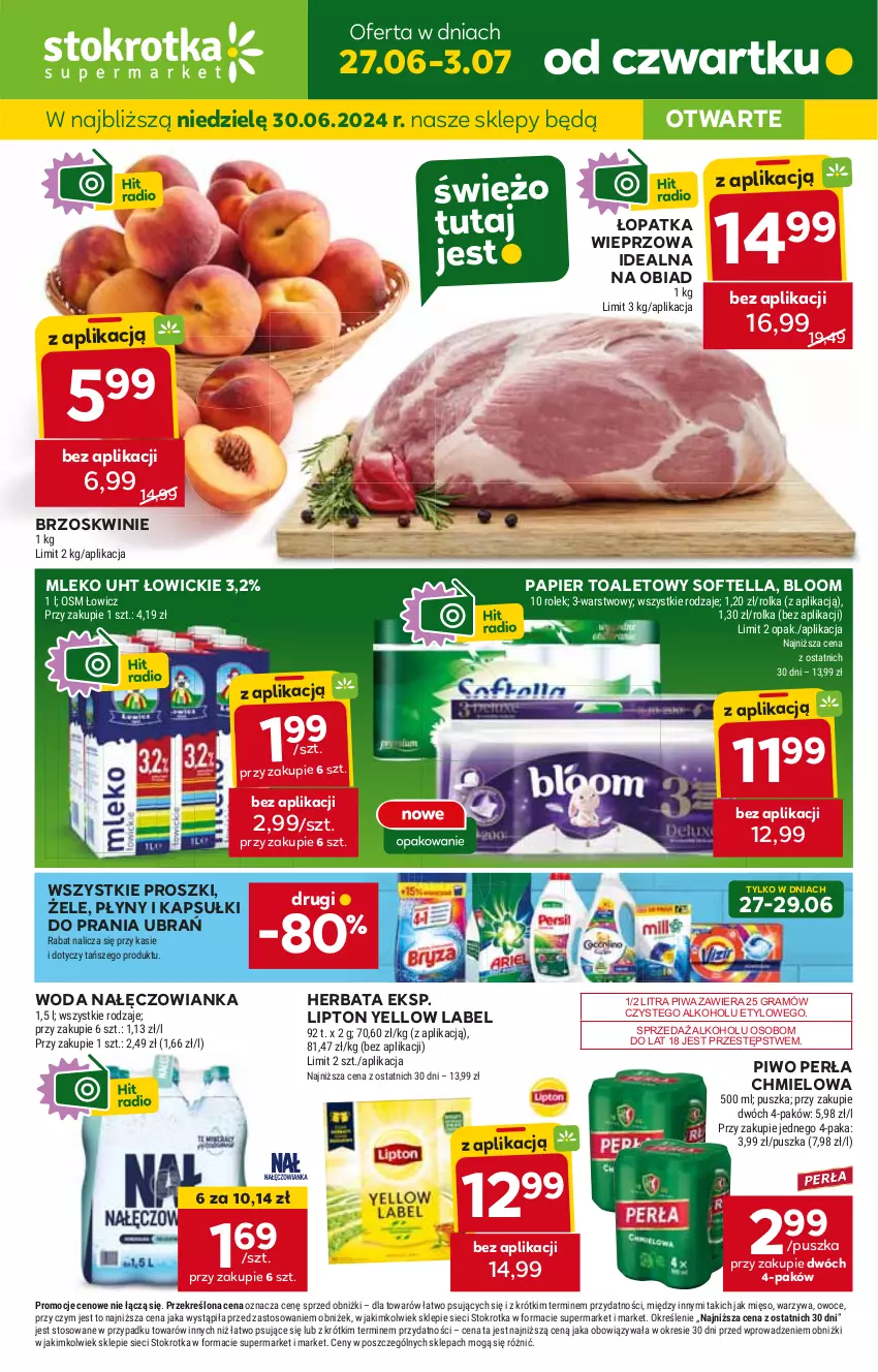 Gazetka promocyjna Stokrotka - Supermarket - ważna 27.06 do 03.07.2024 - strona 1 - produkty: Brzoskwinie, Gra, Herbata, HP, JBL, Kapsułki do prania, Lipton, Mleko, Nałęczowianka, Papier, Papier toaletowy, Perła, Piwa, Piwo, Woda