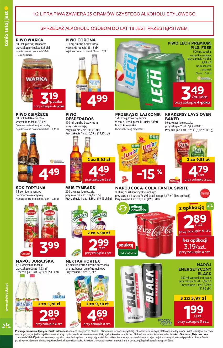 Gazetka promocyjna Stokrotka - Supermarket - ważna 27.06 do 03.07.2024 - strona 16 - produkty: Coca-Cola, Desperados, Fa, Fanta, Fortuna, Gra, Hortex, HP, Krakersy, Książęce, Lack, Lajkonik, Lay’s, Lech Premium, Mus, Napój, Napój energetyczny, Nektar, Piwa, Piwo, Sok, Sprite, Tymbark, Warka