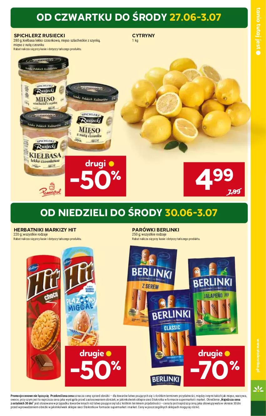 Gazetka promocyjna Stokrotka - Supermarket - ważna 27.06 do 03.07.2024 - strona 3 - produkty: Berlinki, Cytryny, Herbatniki, HP, Parówki, Spichlerz Rusiecki