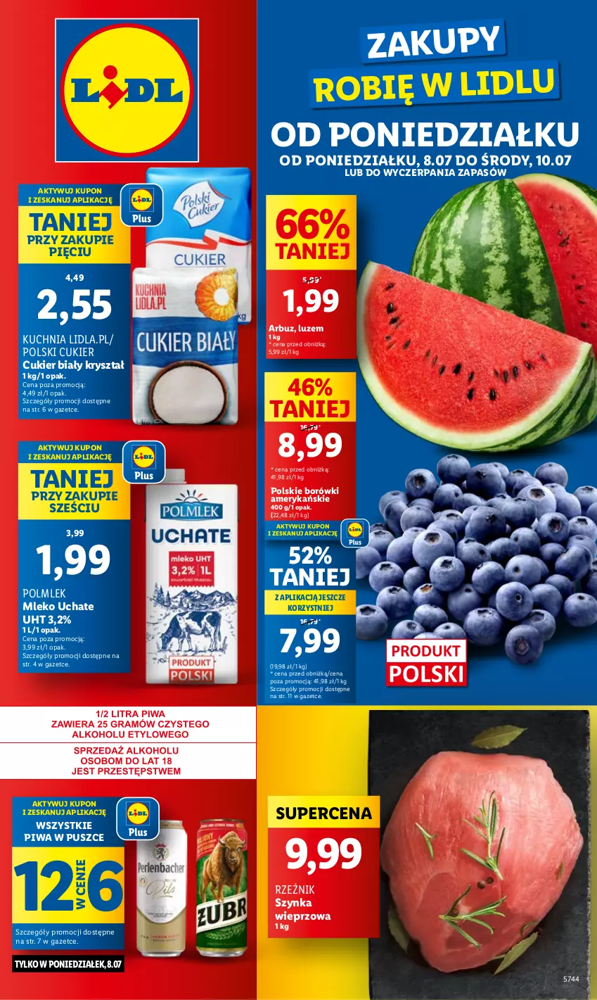 Gazetka promocyjna Lidl - GAZETKA - ważna 08.07 do 10.07.2024 - strona 1 - produkty: Arbuz, Cukier, Kuchnia, Mleko, Piwa, POLMLEK, Szynka, Szynka wieprzowa