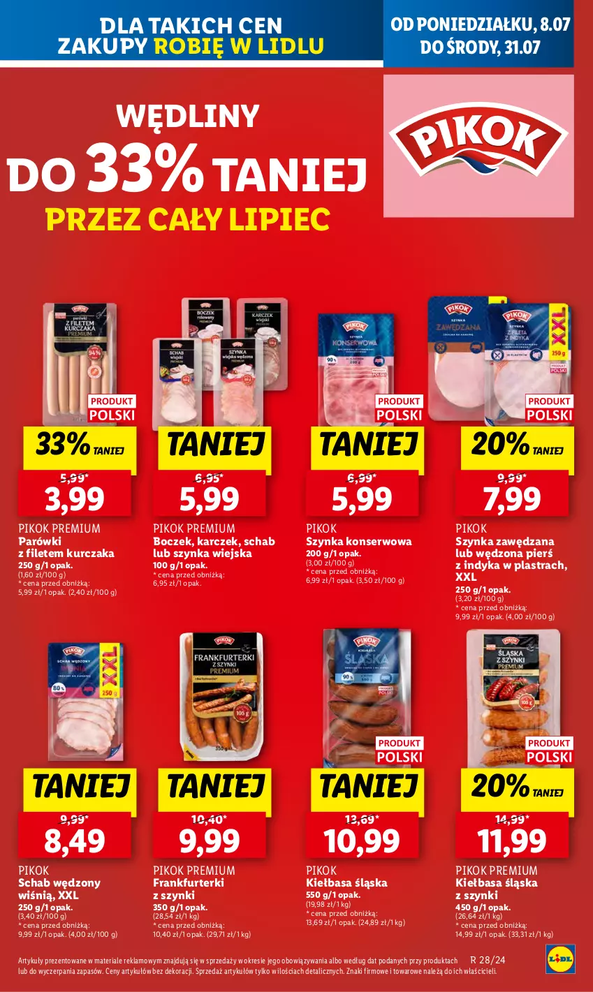 Gazetka promocyjna Lidl - GAZETKA - ważna 08.07 do 10.07.2024 - strona 17 - produkty: Boczek, Frankfurterki, Kiełbasa, Kiełbasa śląska, Kurczak, Parówki, Piec, PIKOK, Ser, Szynka, Szynka konserwowa