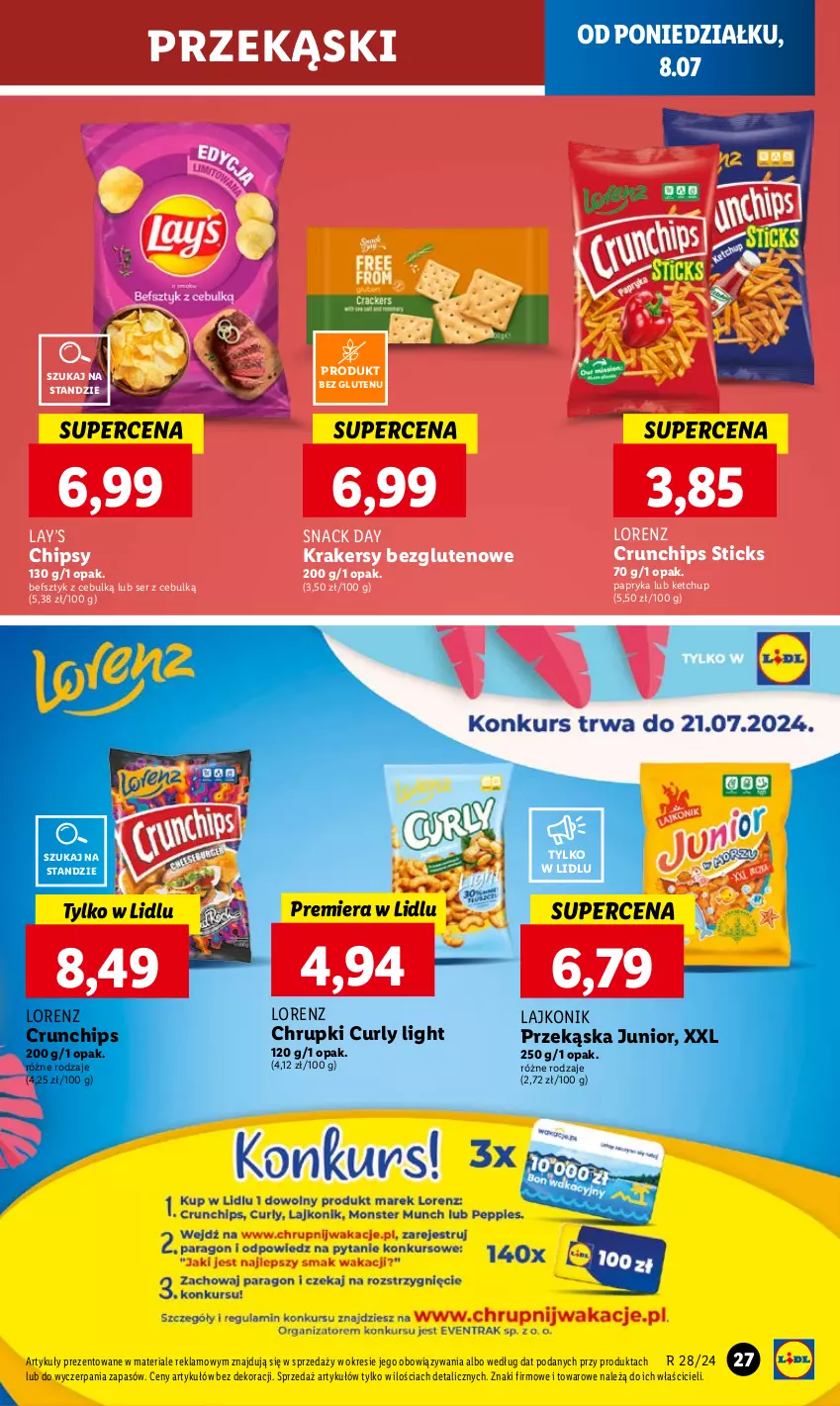 Gazetka promocyjna Lidl - GAZETKA - ważna 08.07 do 10.07.2024 - strona 33 - produkty: Chipsy, Chrupki, Crunchips, Ketchup, Krakersy, Lajkonik, Lay’s, Lorenz, Papryka, Ser