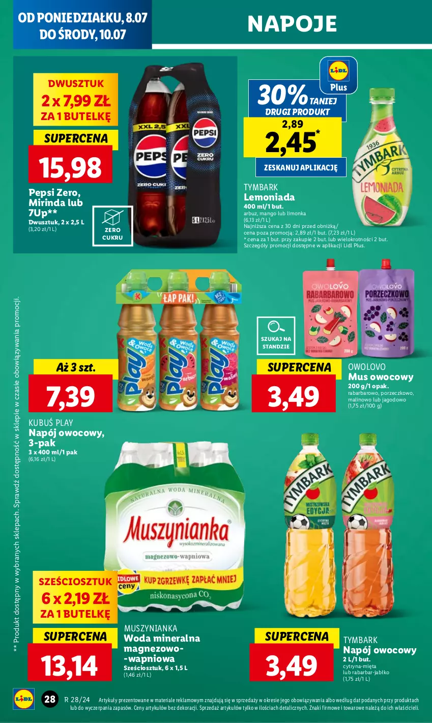 Gazetka promocyjna Lidl - GAZETKA - ważna 08.07 do 10.07.2024 - strona 34 - produkty: 7up, Arbuz, Kubuś, Lemoniada, Limonka, Magnez, Mango, Mięta, Mirinda, Mus, Muszynianka, Napój, Napoje, Pepsi, Por, Tymbark, Woda, Woda mineralna