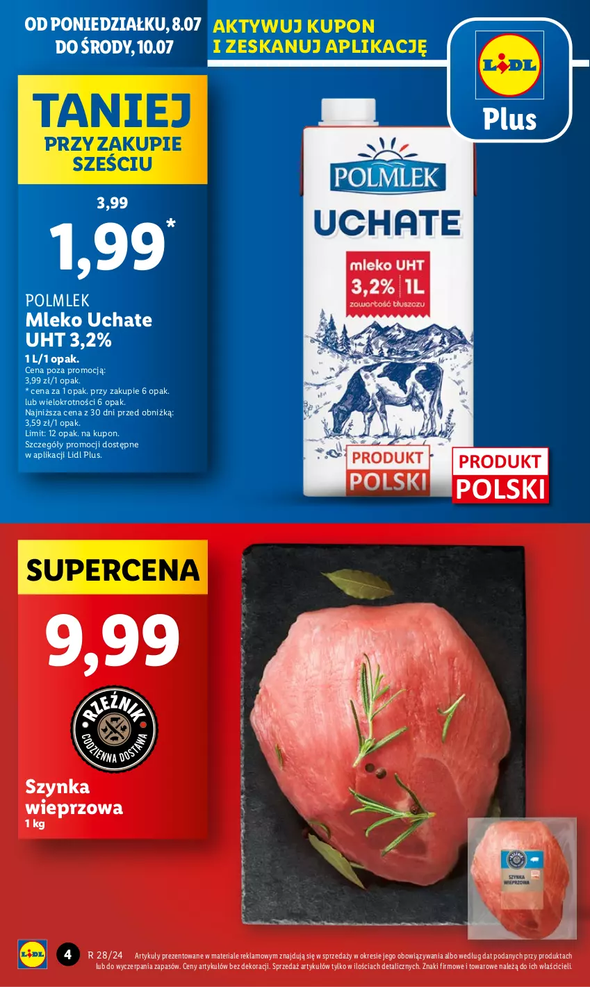 Gazetka promocyjna Lidl - GAZETKA - ważna 08.07 do 10.07.2024 - strona 4 - produkty: Mleko, POLMLEK, Szynka, Szynka wieprzowa