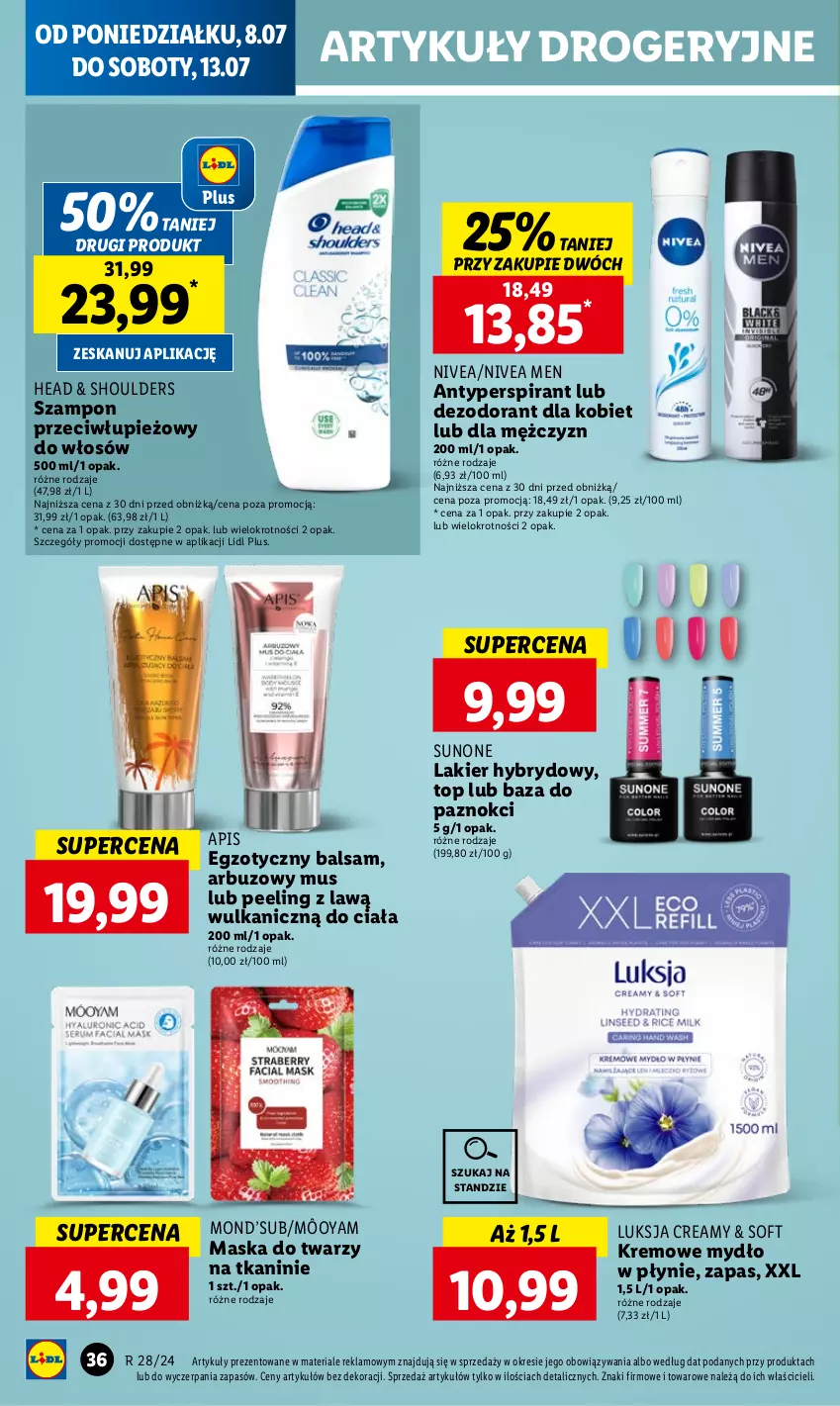 Gazetka promocyjna Lidl - GAZETKA - ważna 08.07 do 10.07.2024 - strona 44 - produkty: Antyperspirant, Arbuz, Dezodorant, Lakier, Lakier hybrydowy, Luksja, Maska, Maska do twarzy, Mus, Mydło, Mydło w płynie, Nivea, Nivea Men, Peeling, Szampon, Top