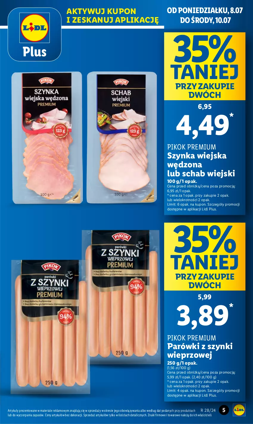 Gazetka promocyjna Lidl - GAZETKA - ważna 08.07 do 10.07.2024 - strona 5 - produkty: Parówki, Parówki z szynki, PIKOK, Szynka