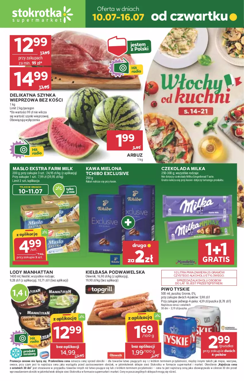 Gazetka promocyjna Stokrotka - Supermarket - ważna 10.07 do 16.07.2025 - strona 1 - produkty: Arbuz, Czekolada, Fa, Farm Milk, Gin, Gra, Kawa, Kawa mielona, Kiełbasa, Kiełbasa podwawelska, Lody, Masło, Mięso, Milka, Nestlé, Olewnik, Owoce, Piwa, Piwo, Szynka, Szynka wieprzowa, Tchibo, Tyskie, Warzywa, Wawel