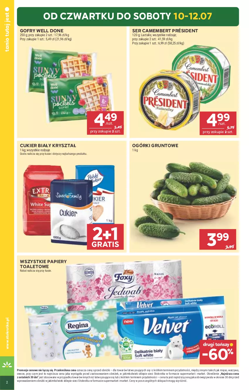 Gazetka promocyjna Stokrotka - Supermarket - ważna 10.07 do 16.07.2025 - strona 2 - produkty: Camembert, Cukier, Gofry, Gra, Grunt, Mięso, Owoce, Papier, Président, Ser, Warzywa