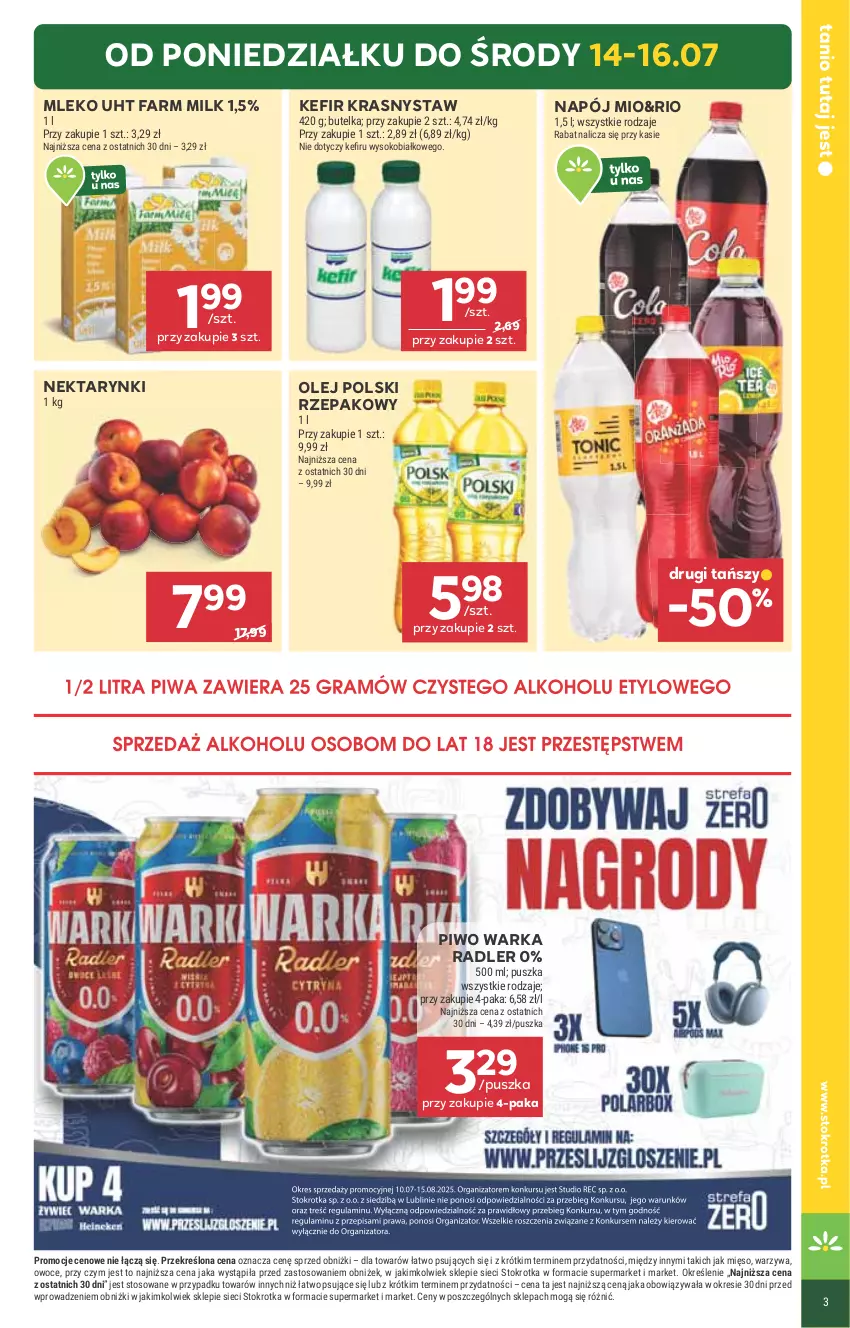 Gazetka promocyjna Stokrotka - Supermarket - ważna 10.07 do 16.07.2025 - strona 3 - produkty: Fa, Farm Milk, Kefir, Mięso, Mleko, Napój, Nektar, Olej, Owoce, Piwo, Radler, Sok, Warka, Warzywa