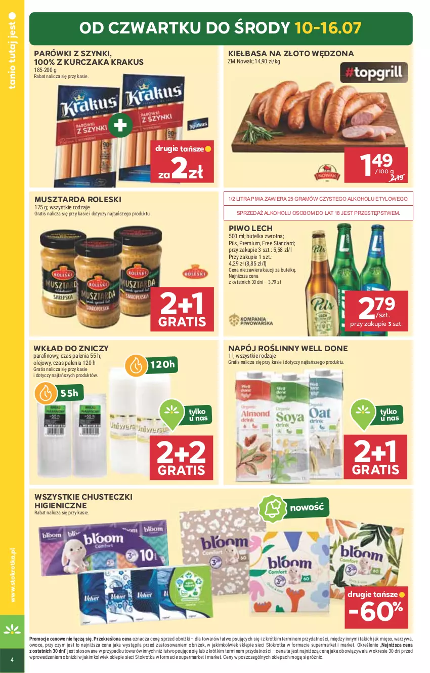 Gazetka promocyjna Stokrotka - Supermarket - ważna 10.07 do 16.07.2025 - strona 4 - produkty: Chusteczki, Gra, Kiełbasa, Krakus, Kurczak, Mięso, Mus, Musztarda, Napój, Napój roślinny, NOWAK, Olej, Owoce, Parówki, Parówki z szynki, Piwa, Piwo, Warzywa, Znicz