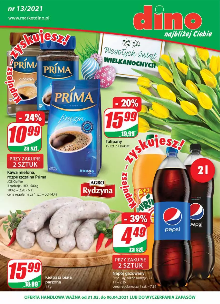 Gazetka promocyjna Dino - Gazetka - ważna 31.03 do 06.04.2021 - strona 1 - produkty: Bukiet, Kawa, Kawa mielona, Kiełbasa, Kiełbasa biała, Prima, Tulipan