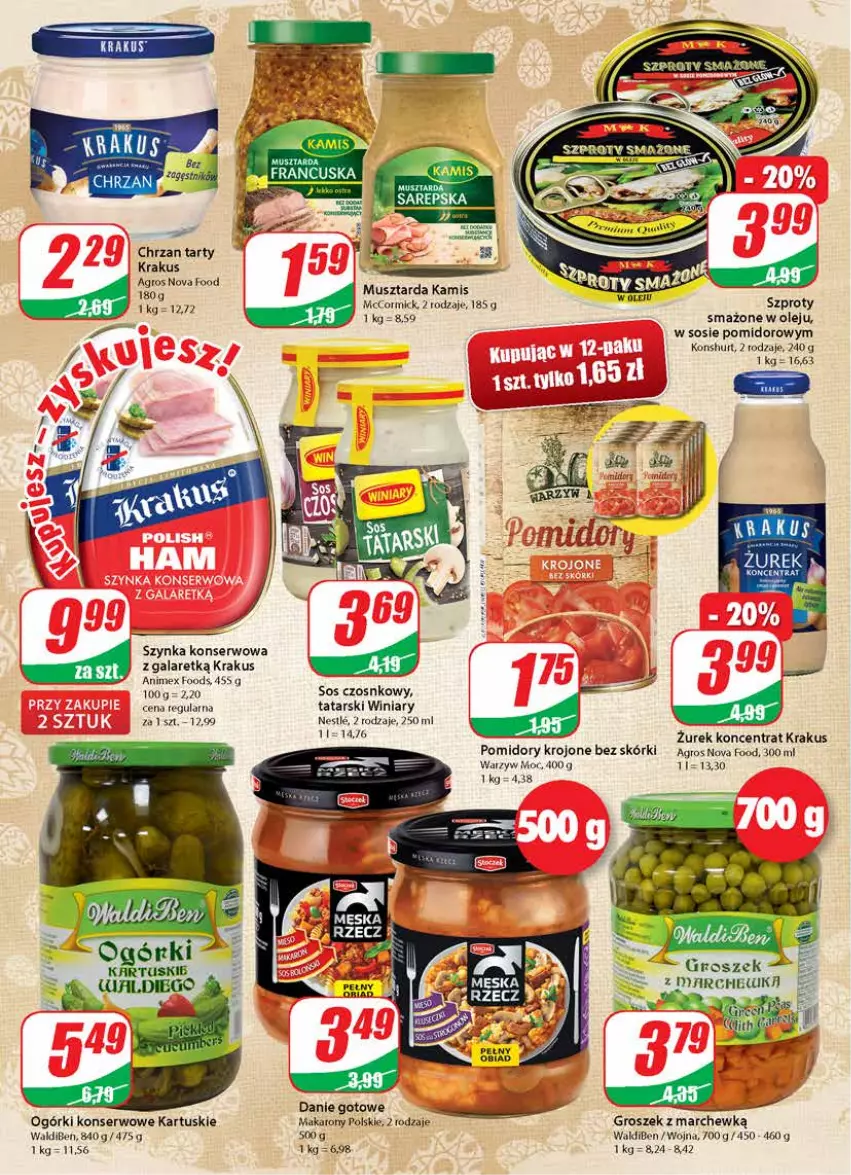 Gazetka promocyjna Dino - Gazetka - ważna 31.03 do 06.04.2021 - strona 10 - produkty: Chrzan, Danie gotowe, Gala, Groszek, Kamis, Krakus, Makaron, Mus, Musztarda, Ogórki konserwowe, Olej, Pomidory, Pomidory krojone, Ser, Sos, Szprot, Szynka, Szynka konserwowa, Winiary