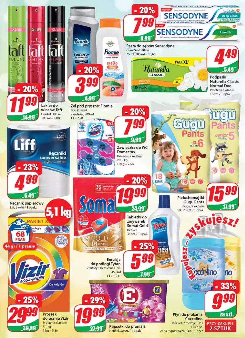 Gazetka promocyjna Dino - Gazetka - ważna 31.03 do 06.04.2021 - strona 23 - produkty: Coccolino, Domestos, Emulsja, Kapsułki do prania, Lakier, Majtki, Naturell, Naturella, Papier, Pasta do zębów, Pieluchomajtki, Płyn do płukania, Podpaski, Puder, Ręcznik, Rolki, Sensodyne, Somat, Somat gold, Tablet, Taft, Tytan, Vizir, Zawieszka do wc