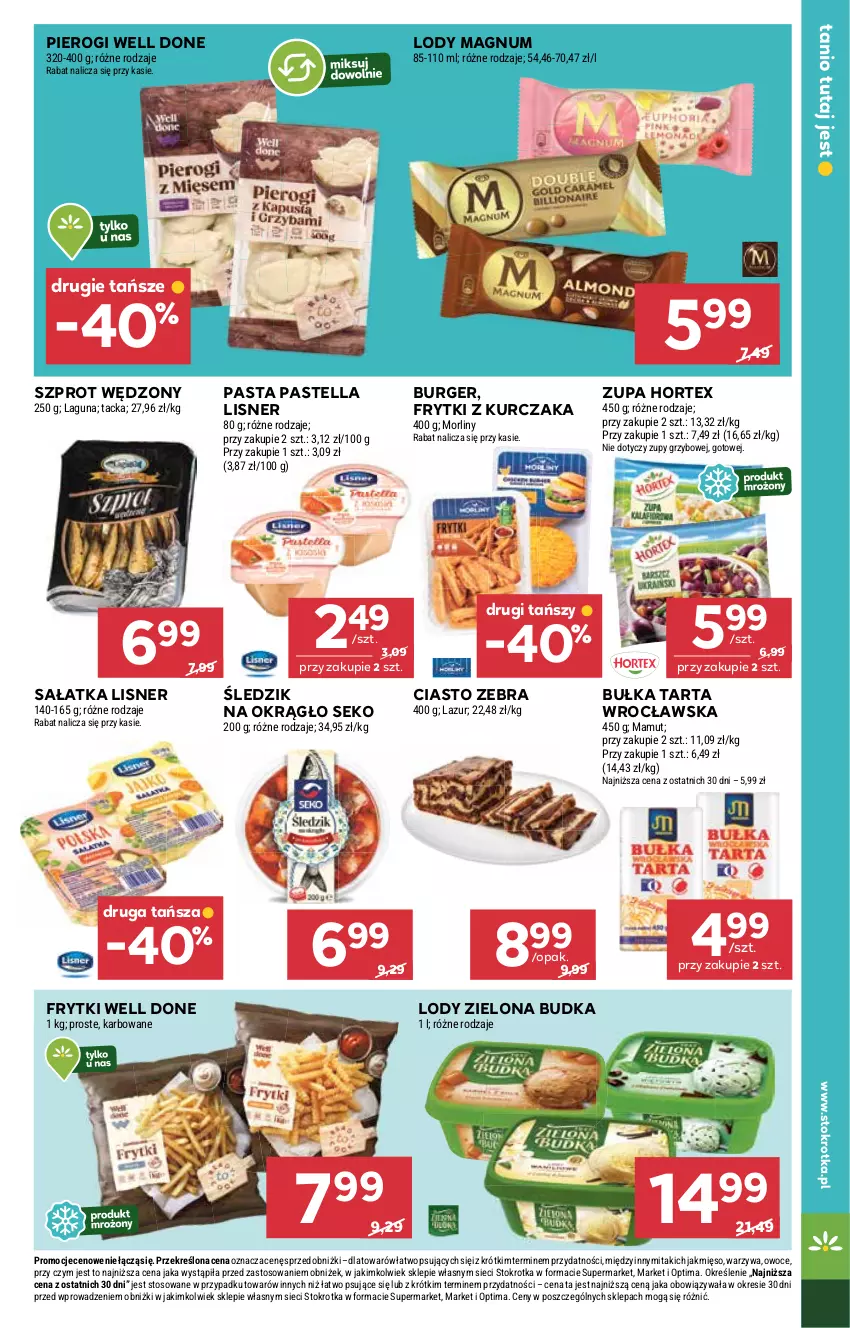 Gazetka promocyjna Stokrotka - Supermarket - ważna 12.03 do 18.03.2026 - strona 17 - produkty: Bułka, Bułka tarta, Burger, Frytki, Hortex, Kurczak, Lazur, Lisner, Lody, Mięso, Morliny, Optima, Owoce, Pastella, Pierogi, Sałat, Sałatka, SEKO, Szprot, Tarta, Warzywa, Zielona Budka, Zupa