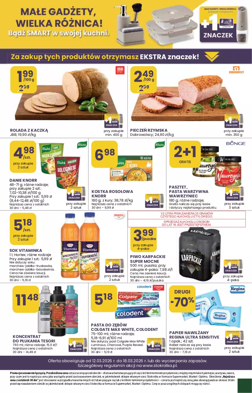 Gazetka promocyjna Stokrotka - Supermarket - ważna 12.03 do 18.03.2026 - strona 29 - produkty: Colgate, Gin, Gra, Hortex, Inka, Karp, Knorr, LG, Mięso, Optima, Owoce, Papier, Pasta do zębów, Pasta warzywna, Pasztet, Piec, Pieczeń rzymska, Piwa, Piwo, Pur, Rolada, Sok, Warzywa
