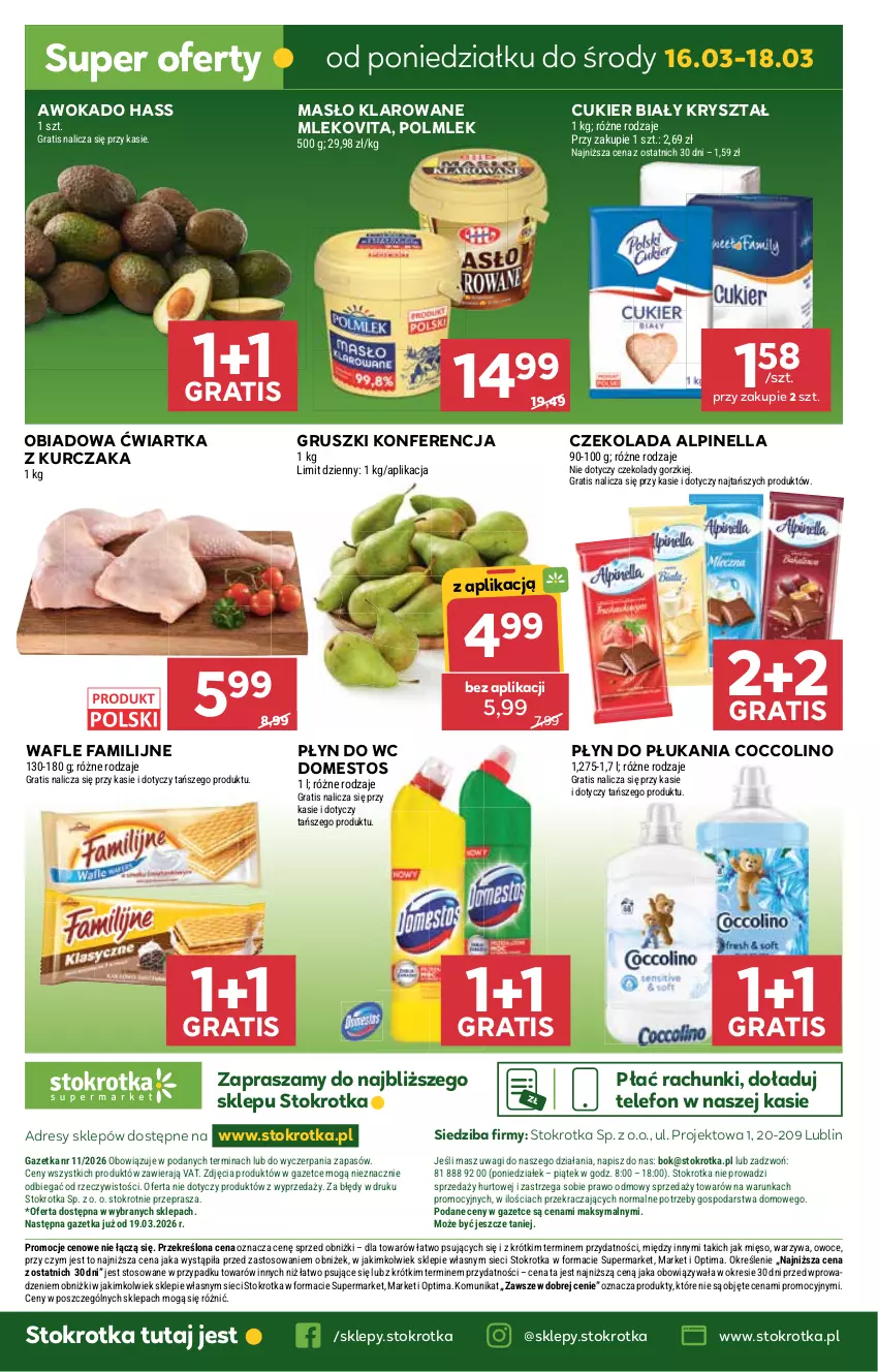 Gazetka promocyjna Stokrotka - Supermarket - ważna 12.03 do 18.03.2026 - strona 42 - produkty: Coccolino, Cukier, Czekolada, Domestos, Dres, Fa, Gra, Gruszki, JBL, Kurczak, Masło, Masło klarowane, Mięso, Mleko, Mlekovita, O nas, Optima, Owoce, Płyn do płukania, Płyn do wc, POLMLEK, Telefon, Wafle, Wagi, Warzywa
