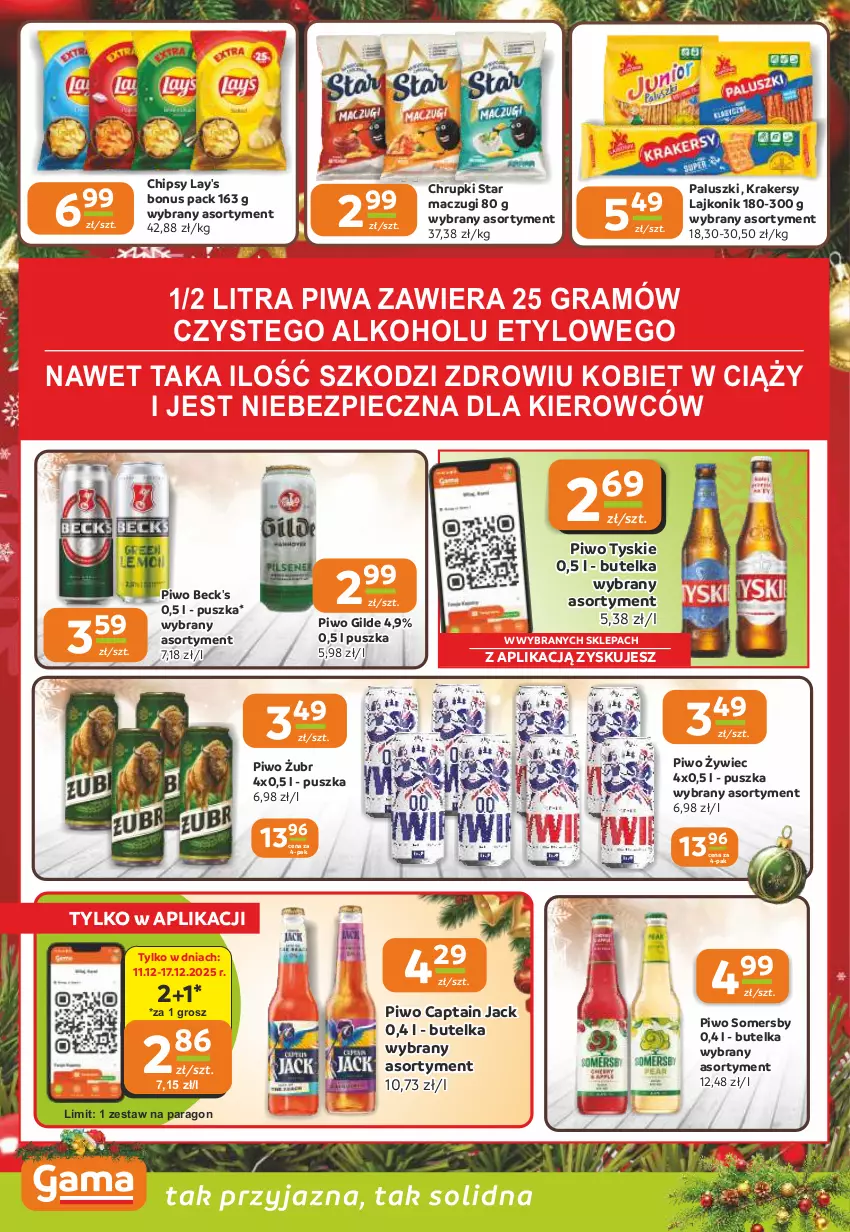 Gazetka promocyjna Gama - Gazetka Gama - ważna 11.12 do 23.12.2025 - strona 14 - produkty: Captain Jack, Chipsy, Chrupki, Gra, Krakersy, Lajkonik, Piec, Piwa, Piwo, Somersby, Tyskie
