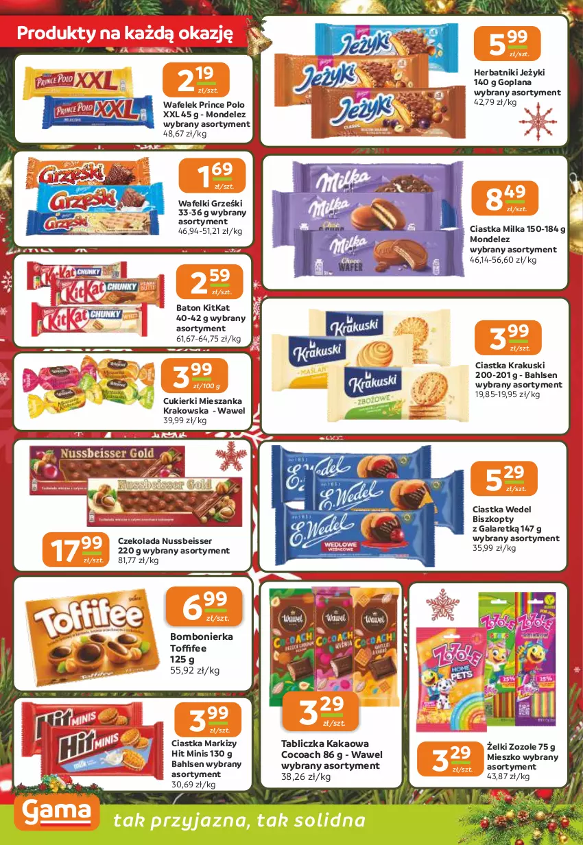 Gazetka promocyjna Gama - Gazetka Gama - ważna 11.12 do 23.12.2025 - strona 8 - produkty: Baton, Biszkopty, Ciastka, Cukier, Cukierki, Czekolada, Gala, Goplana, Grześki, Herbatniki, Jeżyki, Kakao, Krakus, Krakuski, LANA, Milka, Prince Polo, Ser, Wafelek, Wawel