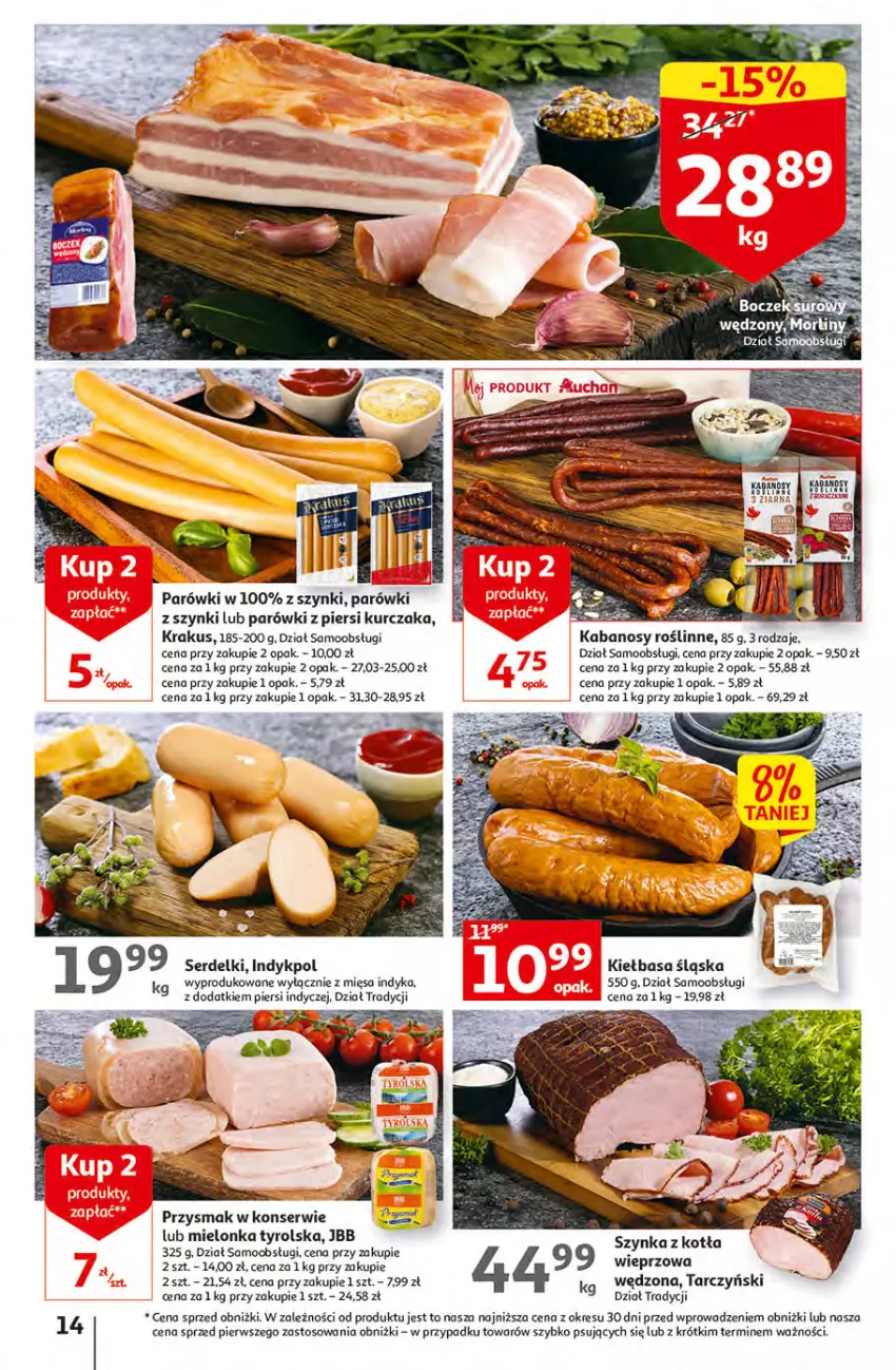 Gazetka promocyjna Auchan - Gazetka Rewelacyjne Wielopaki Hipermarket Auchan - ważna 23.02 do 01.03.2023 - strona 14 - produkty: Boczek, Kabanos, Kiełbasa, Kiełbasa śląska, Krakus, Kurczak, Mielonka tyrolska, O nas, Parówki, Parówki z piersi kurczaka, Parówki z szynki, Ser, Serdelki, Szynka, Tarczyński