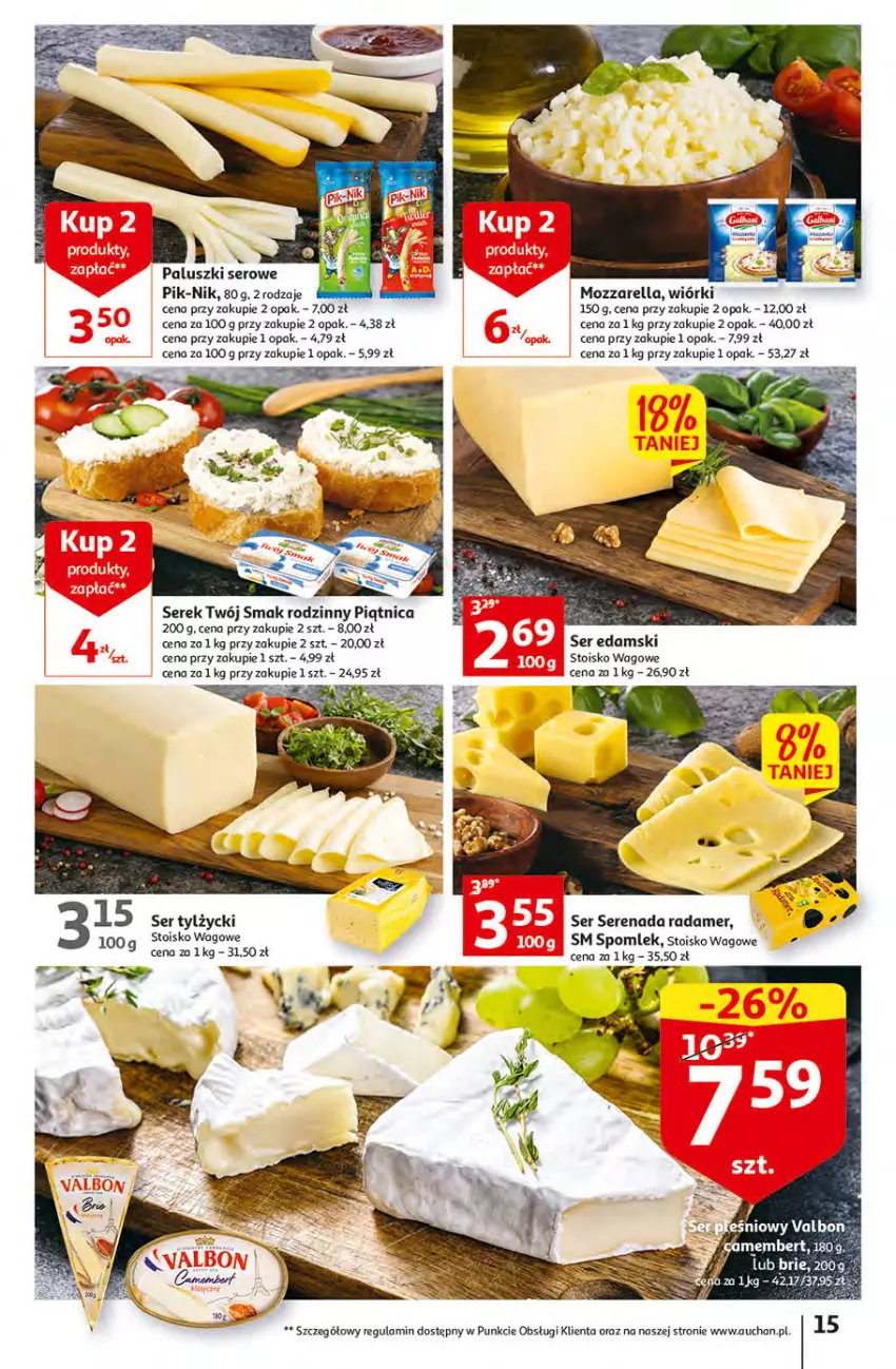 Gazetka promocyjna Auchan - Gazetka Rewelacyjne Wielopaki Hipermarket Auchan - ważna 23.02 do 01.03.2023 - strona 15 - produkty: Edam, Fa, Mozzarella, Piątnica, Ser, Ser tylżycki, Serek, Twój Smak