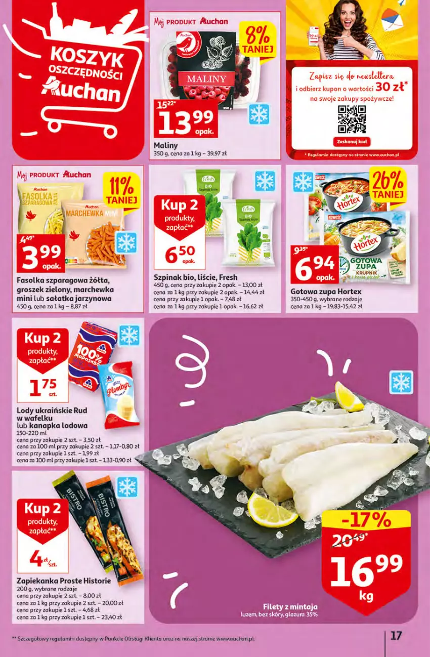 Gazetka promocyjna Auchan - Gazetka Rewelacyjne Wielopaki Hipermarket Auchan - ważna 23.02 do 01.03.2023 - strona 17 - produkty: Fa, Groszek, Hortex, Lody, Maliny, Marchewka, Sałat, Sałatka, Sos, Szpinak, Zapiekanka, Zupa