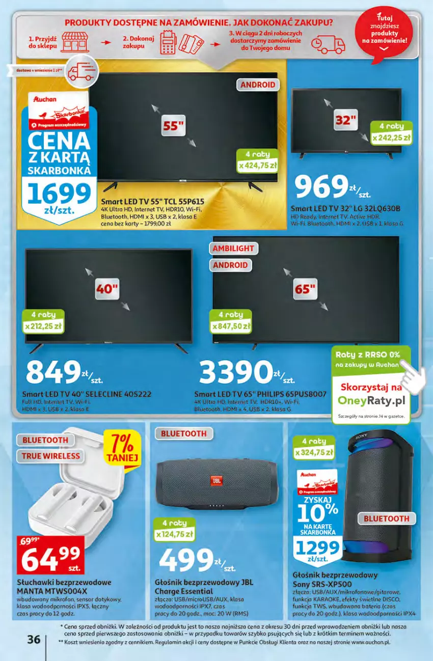 Gazetka promocyjna Auchan - Gazetka Rewelacyjne Wielopaki Hipermarket Auchan - ważna 23.02 do 01.03.2023 - strona 36 - produkty: AEG, Bateria, Głośnik, JBL, Kosz, LED TV, LG, Manta, Mikrofon, O nas, Oreo, Philips, Por, Słuchawki, Słuchawki bezprzewodowe, Sony, Woda