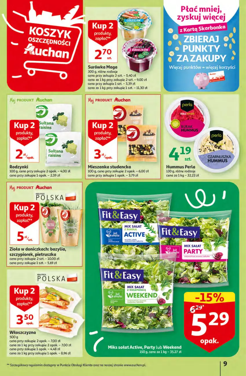 Gazetka promocyjna Auchan - Gazetka Rewelacyjne Wielopaki Hipermarket Auchan - ważna 23.02 do 01.03.2023 - strona 9 - produkty: Bazyl, Bazylia, Fa, Hummus, Mieszanka studencka, Mus, Pietruszka, Rodzynki, Sałat, Surówka