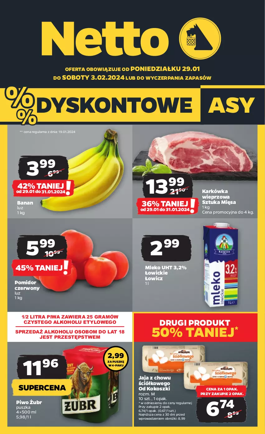 Gazetka promocyjna Netto - Artykuły spożywcze - ważna 29.01 do 03.02.2024 - strona 1 - produkty: Gra, Jaja, Karkówka wieprzowa, Kokos, Kosz, Mleko, Piwa, Piwo