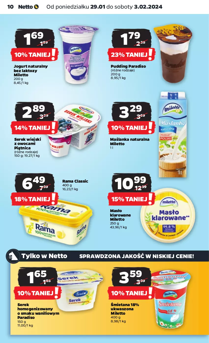 Gazetka promocyjna Netto - Artykuły spożywcze - ważna 29.01 do 03.02.2024 - strona 10 - produkty: Jogurt, Jogurt naturalny, Maślanka, Masło, Masło klarowane, Piątnica, Pudding, Rama, Ser, Serek, Serek homogenizowany, Serek wiejski