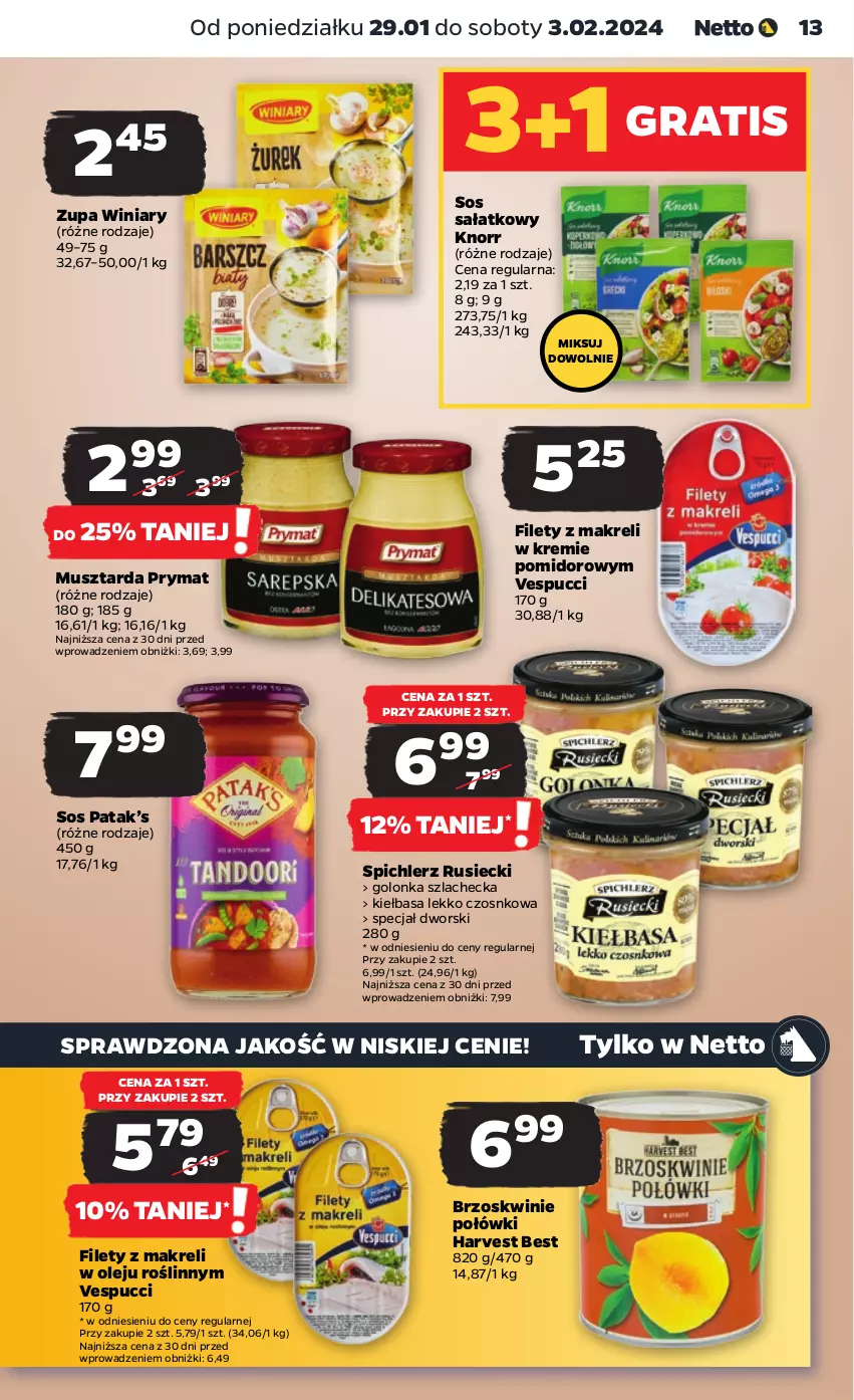 Gazetka promocyjna Netto - Artykuły spożywcze - ważna 29.01 do 03.02.2024 - strona 13 - produkty: Brzoskwinie, Gra, Kiełbasa, Knorr, Mus, Musztarda, Olej, Prymat, Sałat, Sos, Spichlerz Rusiecki, Winiary, Zupa