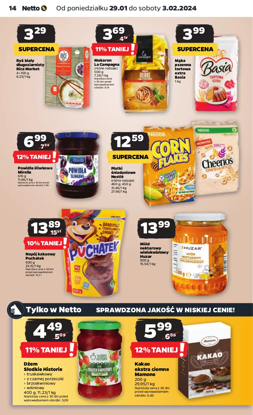 Gazetka promocyjna Netto - Artykuły spożywcze - ważna 29.01 do 03.02.2024 - strona 14 - produkty: Basia, Danio, Dżem, Kakao, Mąka, Mąka pszenna, Makaron, Miód, Napój, Nektar, Nestlé, Por, Ryż, Ryż biały