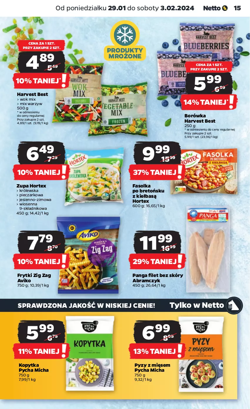 Gazetka promocyjna Netto - Artykuły spożywcze - ważna 29.01 do 03.02.2024 - strona 15 - produkty: Borówka, Fa, Frytki, Hortex, Kopytka, Panga, Piec, Produkty mrożone, Zupa