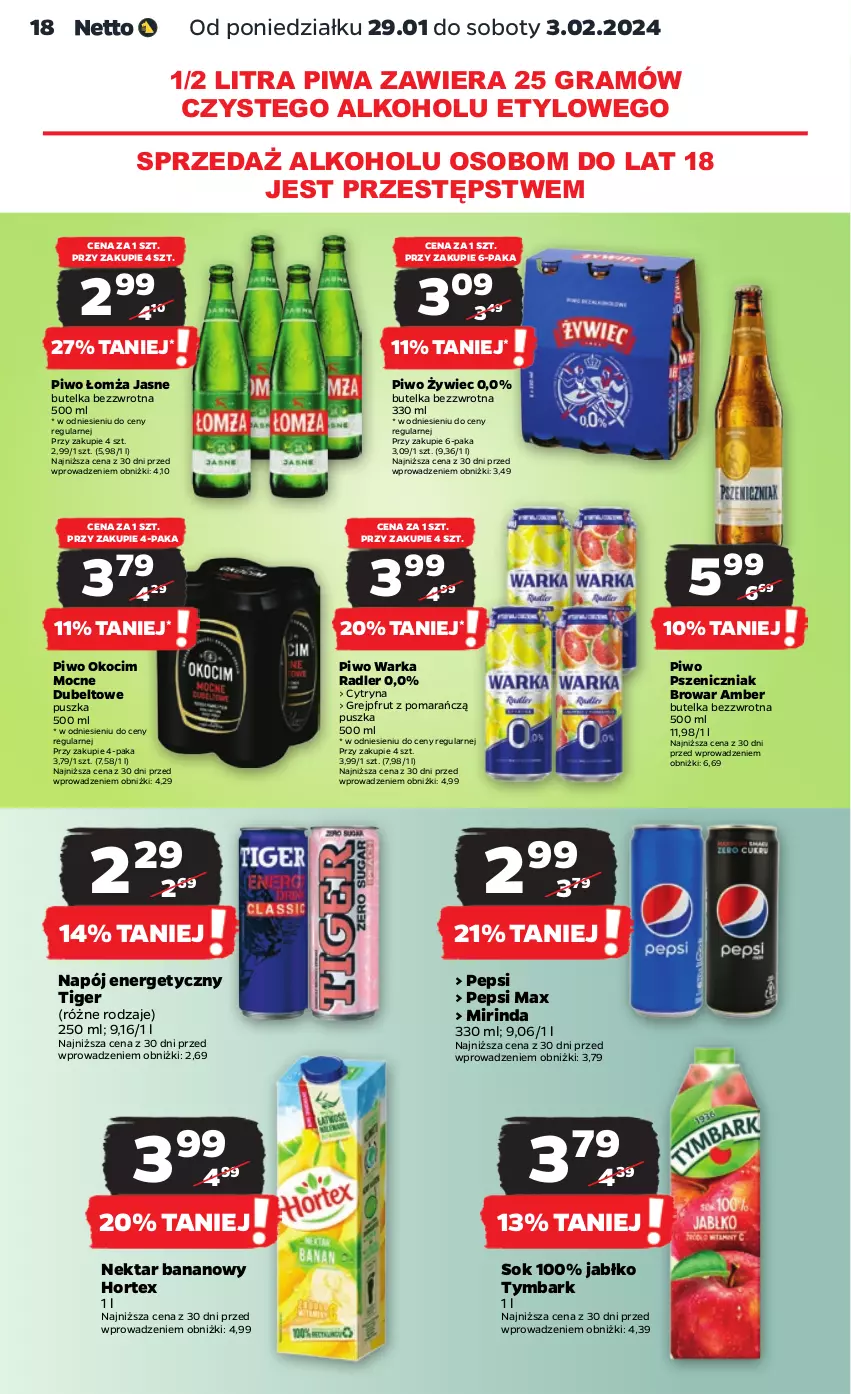 Gazetka promocyjna Netto - Artykuły spożywcze - ważna 29.01 do 03.02.2024 - strona 18 - produkty: Gra, Grejpfrut, Hortex, Koc, Mirinda, Napój, Napój energetyczny, Nektar, Nektar bananowy, Okocim, Pepsi, Pepsi max, Piwa, Piwo, Radler, Sok, Tiger, Tymbark, Warka