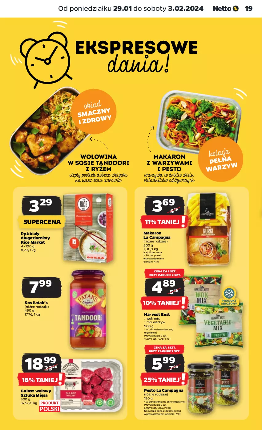 Gazetka promocyjna Netto - Artykuły spożywcze - ważna 29.01 do 03.02.2024 - strona 19 - produkty: Gulasz wołowy, Makaron, Pesto, Ryż, Ryż biały, Sos, Warzywa, Wołowina