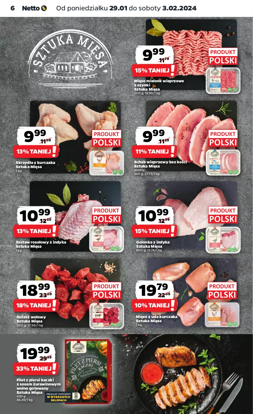 Gazetka promocyjna Netto - Artykuły spożywcze - ważna 29.01 do 03.02.2024 - strona 6 - produkty: Filet z piersi kaczki, Golonka z indyka, Gulasz wołowy, Kurczak, Mięso, Mięso mielone, Mięso z uda kurczaka, Schab wieprzowy, Sos, Wino