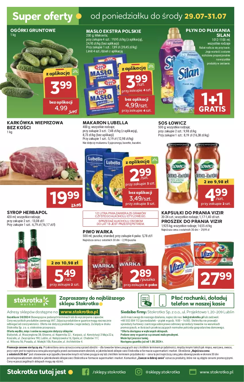 Gazetka promocyjna Stokrotka - Market - ważna 25.07 do 31.07.2024 - strona 22 - produkty: Bell, Bella, Dres, Gra, Grunt, Herbapol, HP, JBL, Kapsułki do prania, Karkówka wieprzowa, Lubella, Makaron, Masło, Piwa, Piwo, Płyn do płukania, Proszek do prania, Silan, Sos, Syrop, Telefon, Vizir, Warka