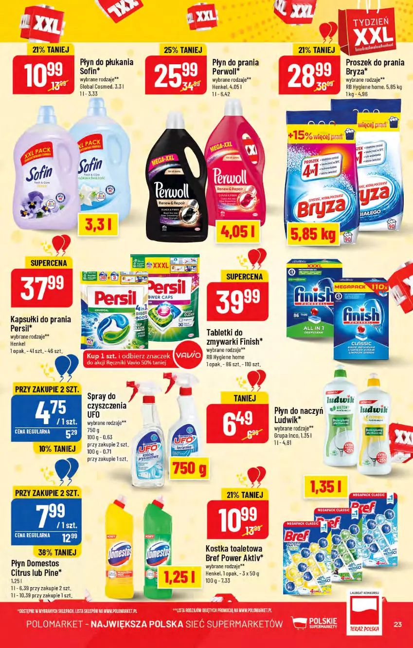 Gazetka promocyjna PoloMarket - Gazetka pomocyjna - ważna 20.07 do 26.07.2022 - strona 23 - produkty: Bref, Bryza, Domestos, Finish, Kapsułki do prania, Laur, Ludwik, Persil, Perwoll, Płyn do płukania, Płyn do prania, Proszek do prania, Spray do czyszczenia, Tablet, Zmywarki