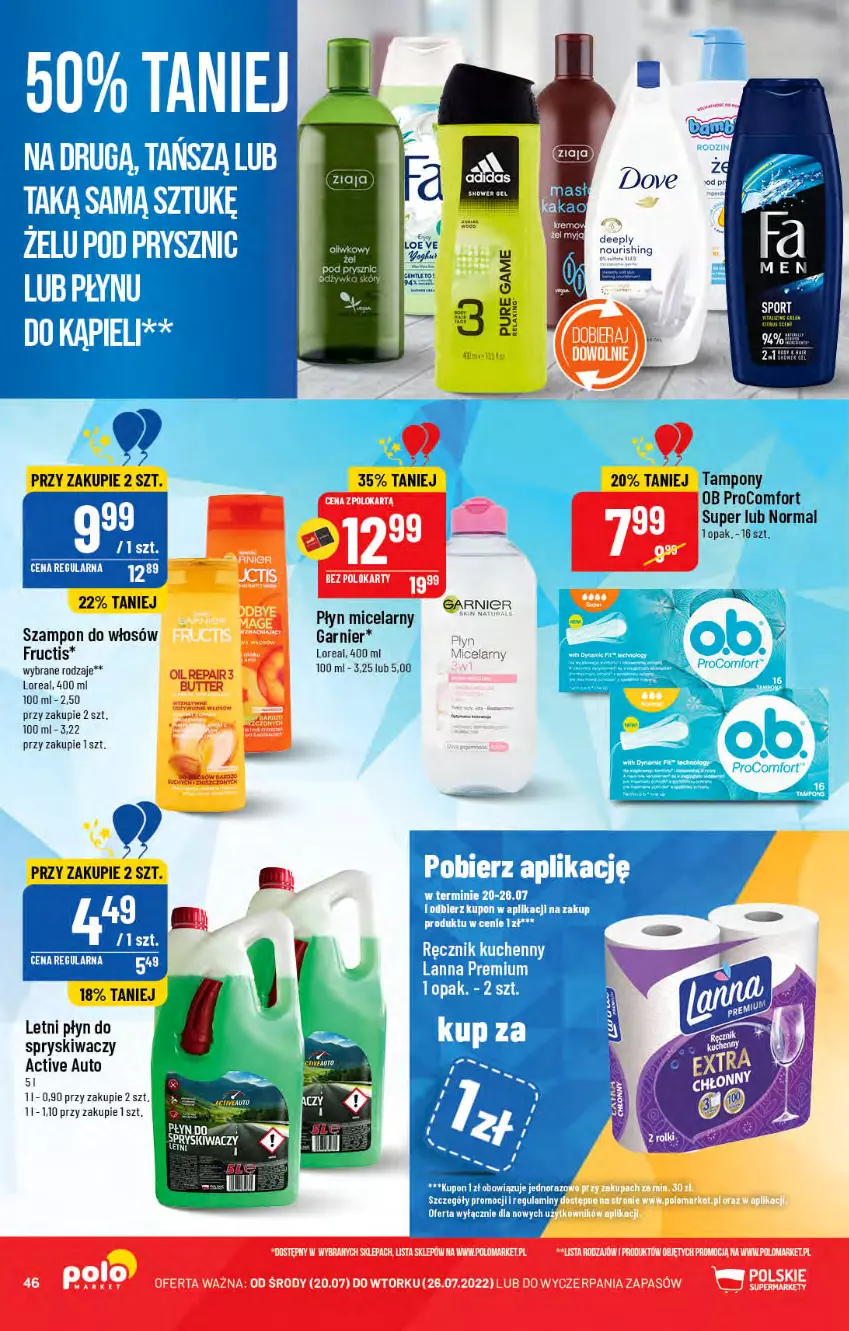 Gazetka promocyjna PoloMarket - Gazetka pomocyjna - ważna 20.07 do 26.07.2022 - strona 46 - produkty: Dove, Fructis, Garnier, Piec, Płyn micelarny, Szampon, Tampony