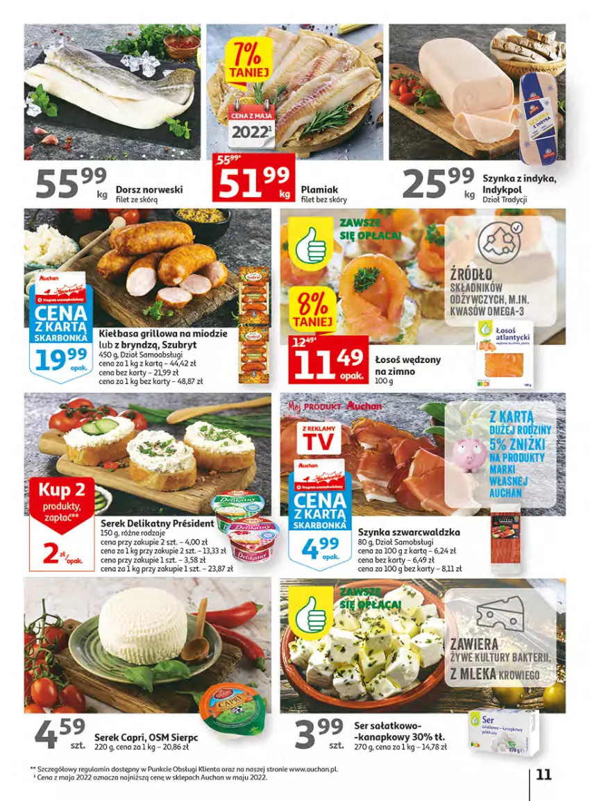 Gazetka promocyjna Auchan - Gazetka Wielkie majowe odkrycia cenowe Hipermarket Auchan - ważna 27.04 do 02.05.2023 - strona 11 - produkty: Dorsz, Grill, Kiełbasa, Omega-3, Sałat, Ser, Serek, Szubryt, Szynka