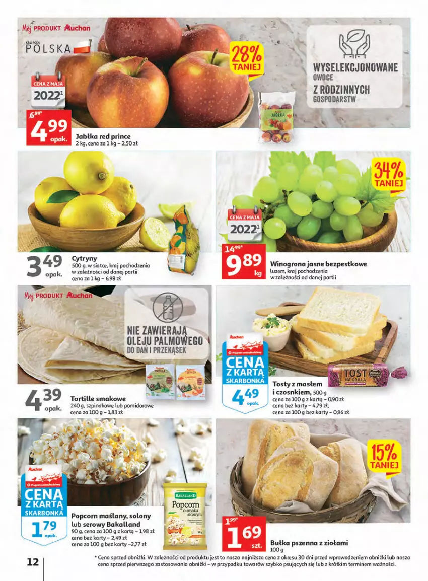 Gazetka promocyjna Auchan - Gazetka Wielkie majowe odkrycia cenowe Hipermarket Auchan - ważna 27.04 do 02.05.2023 - strona 12 - produkty: Bakalland, Bułka, Cytryny, Jabłka, O nas, Olej, Owoce, Popcorn, Ser, Szpinak